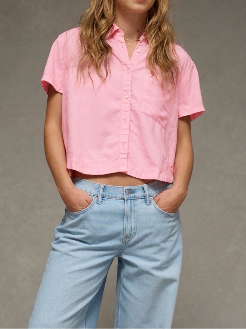 American Eagle linen blend over sized button down short sleeve top